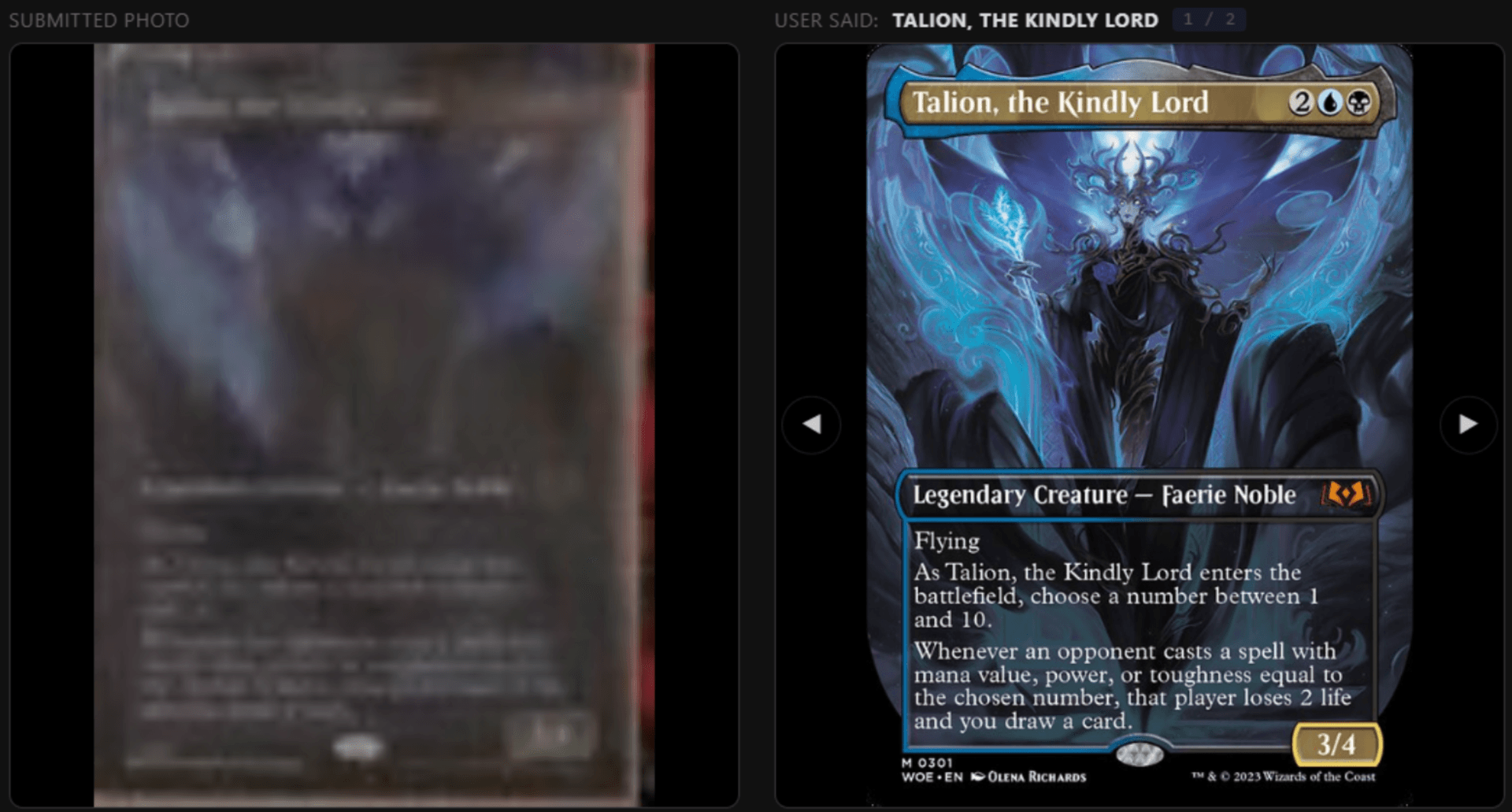Convoke Card AI showing blurry card being identified as Talion, the Kindly Lord