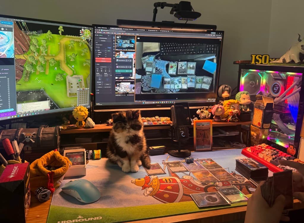 Player desk with overhead webcam, Convoke on screen, and cards on a playmat